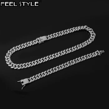 

1Set Miami Curb Cuban Chain CZ 13MM Full Iced Out Paved Rhinestones Gold Gold Bling Rapper Necklaces For Men Hip Hop Jewelry