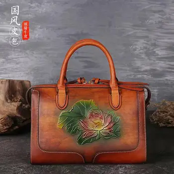 

New Brand Woman Handmade Vintage Genuine Leather Handbag Ladies Retro Shoulder Messenger Bag Cow Leather Hand-printed Womans Bag