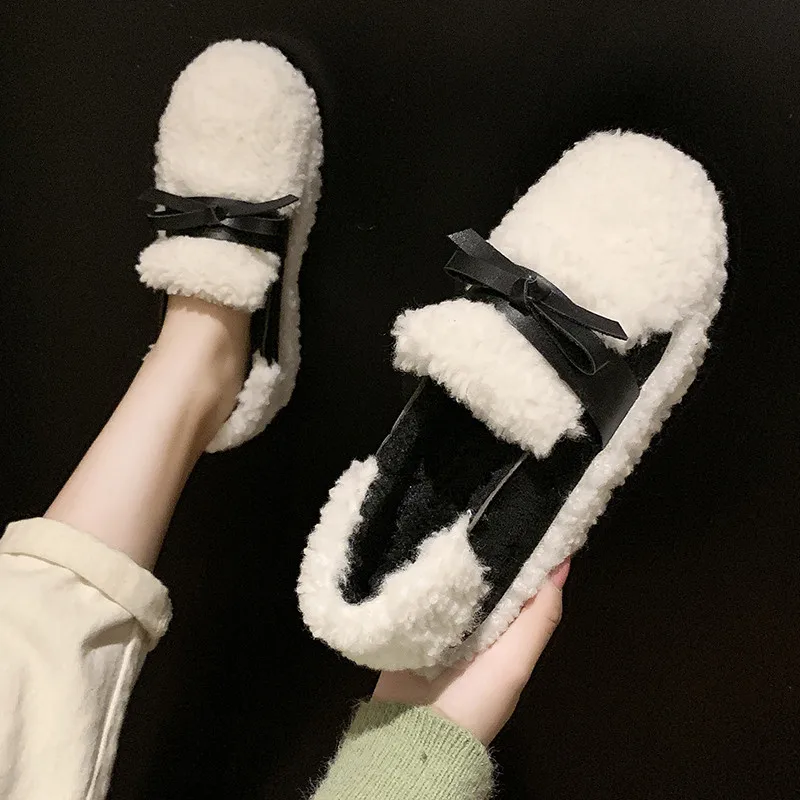 

Women Shoes Autumn Clogs Platform Shallow Mouth Bow-Knot Casual Female Sneakers Loafers Fur 2019 Fashion Women's Mixed Colors