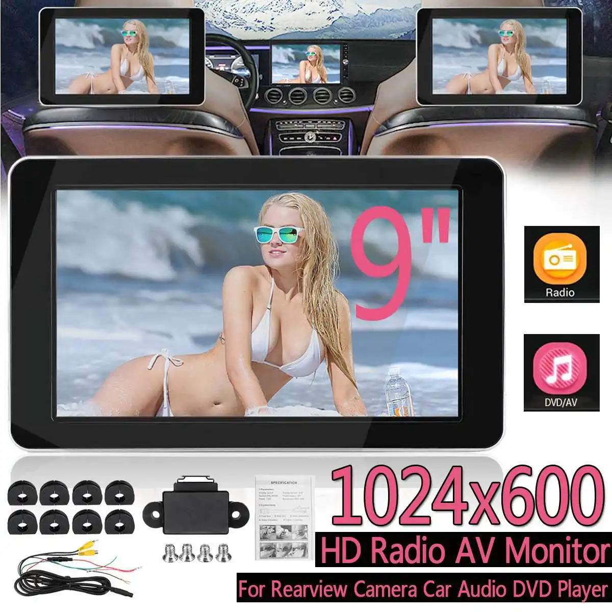 

9 Inch Car HD Headrest Audio Monitor DVD Player Display TFT Color LCD Digital Screen AV Input Radio Support Backup Camera
