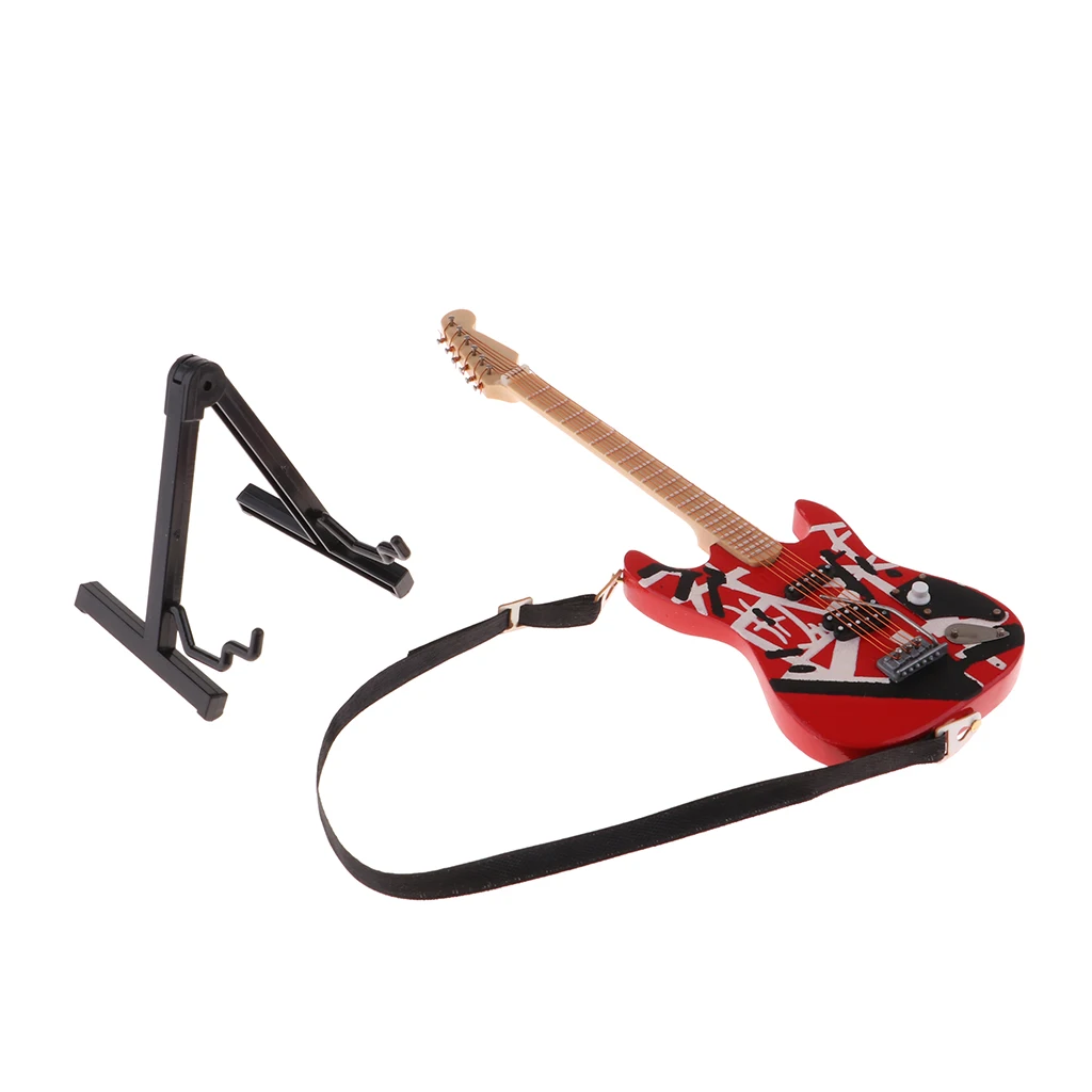 1/6 Wooden Guitar Model with Stand and Strap for BJD Dolls House Miniature Display Decor Red