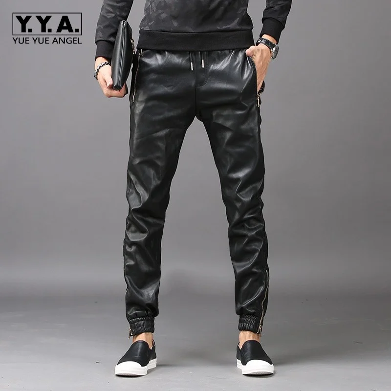 

Fashion New Mens Hip Hop Harem Pants Faux Leather Long Pants Male Trousers Pockets Elastic Waist Pantalon Hombre Plus Size