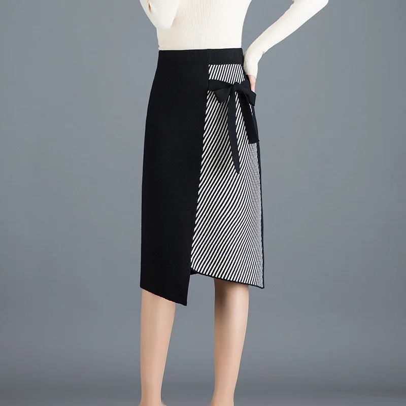 

2019 Autumn & Winter Slim Stretch Knit Striped Stitching Skirt Female High Waist Irregular Skirt Bow Short Skirt Free Shipping