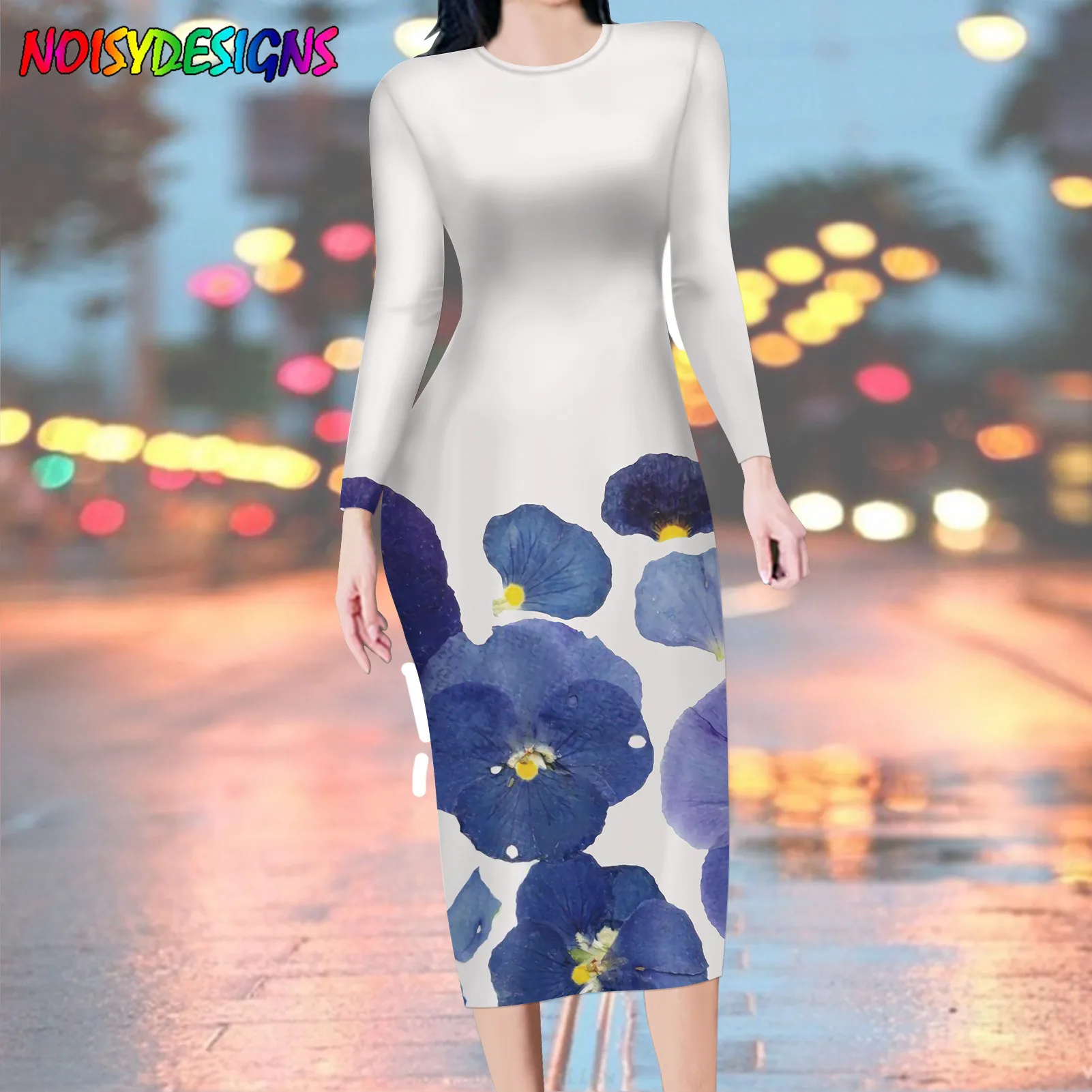 

NOISYDESIGNS Long Spring Dress Pansy Flowers Prints Fashion Long Sleeve Office Lady Dress Soft Pencil Vestido Party Robe