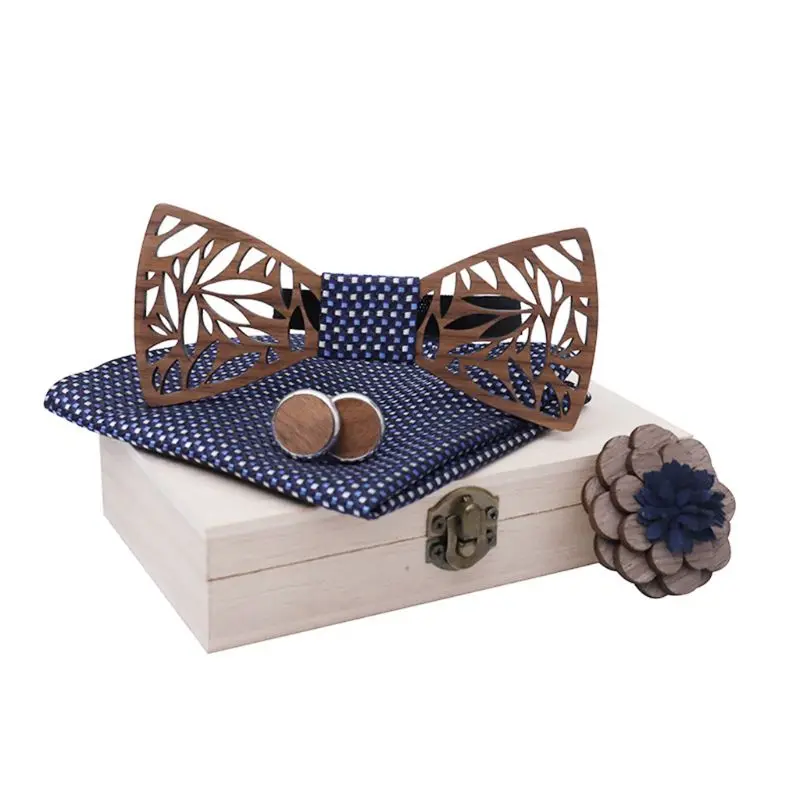  Wooden Bow Tie Handkerchief Set Men Women Hollow Wood Carved Floral Corsage Cufflinks Jewelry Gifts