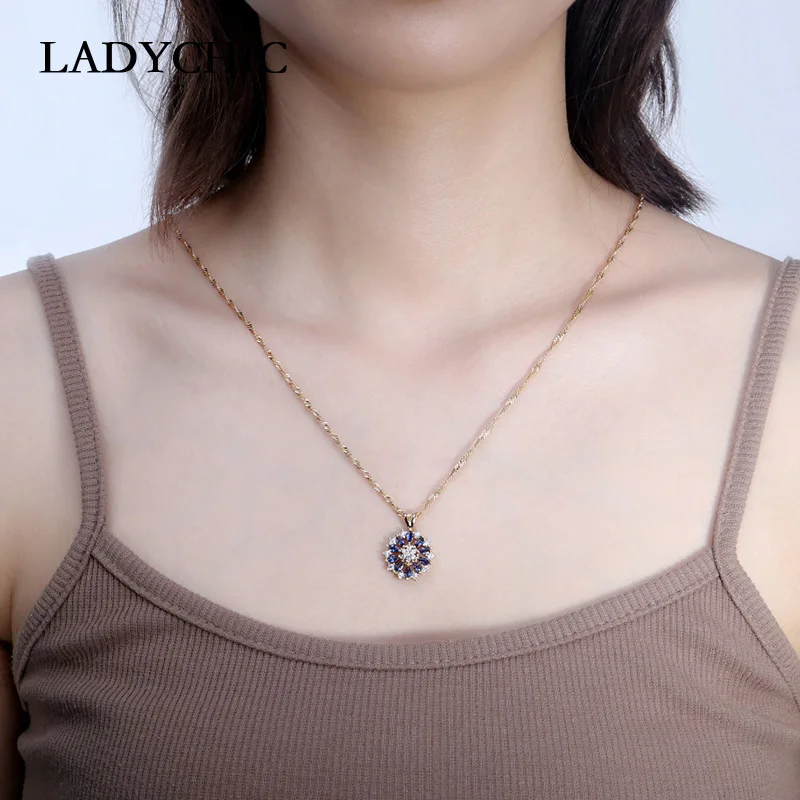 LADYCHIC Синий Кристалл Шарм ожерелья и подвески цвет серебристый, золотой AAA качественный Цирконий цветочный дизайн для женщин Подарки LN1137
