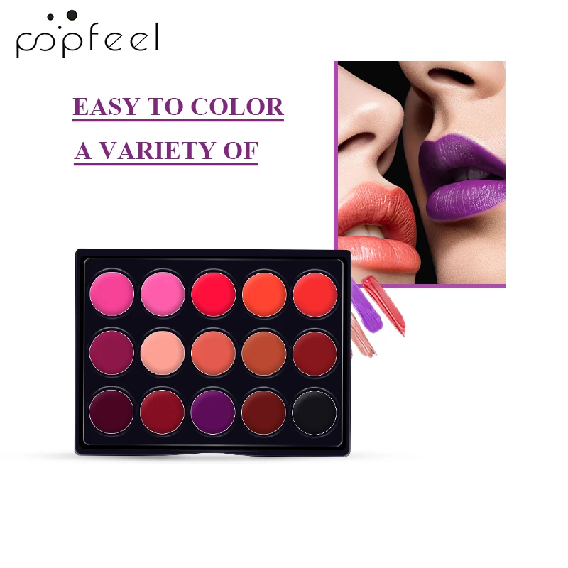 

POPFEEL 15 Colors Long-Lasting Velvet Lip Tint Makeup Set Lip Brush Matte Lip Gloss Palette Non-Stick Cup Lipstick Cosmetic 50g
