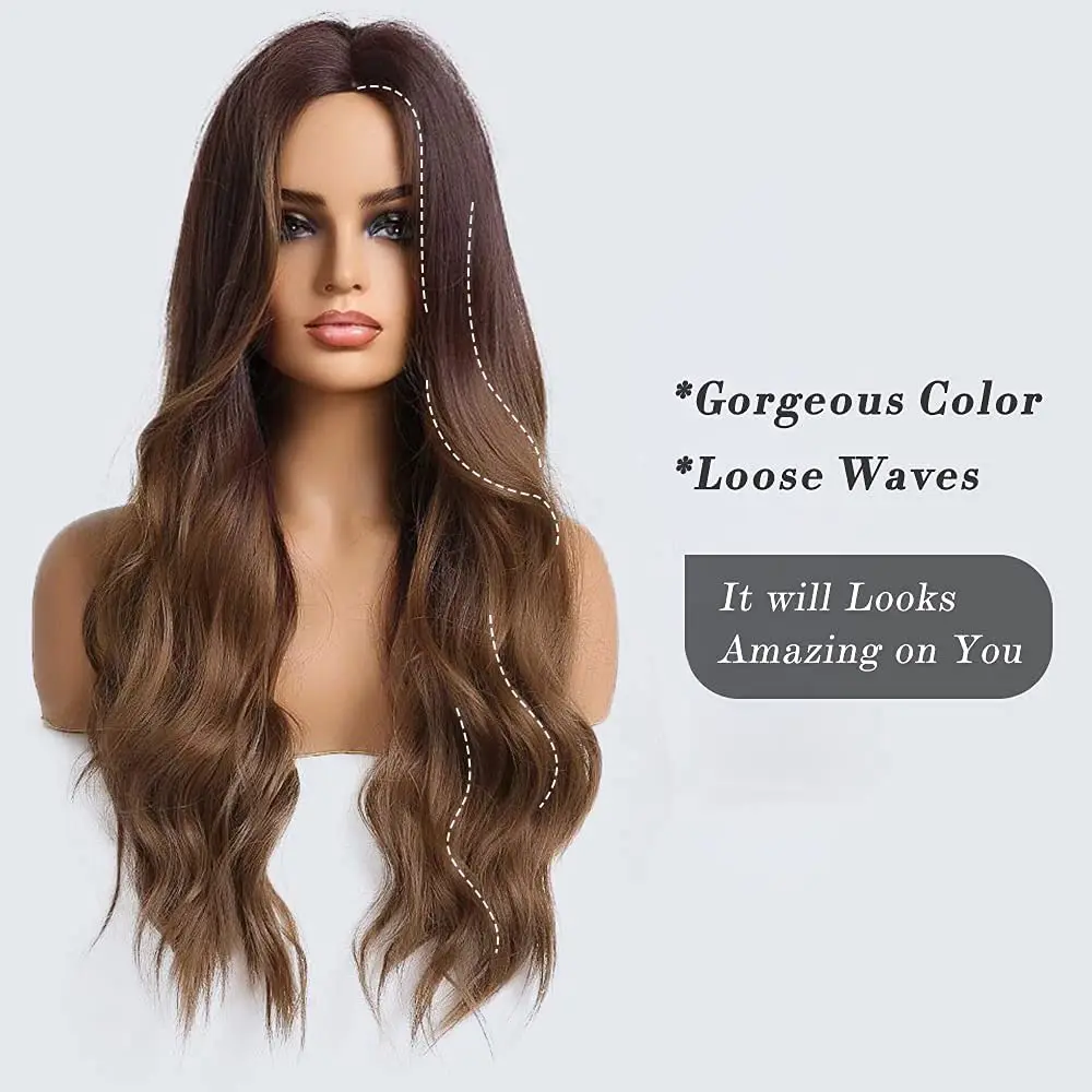 Long Water Wavy Synthetic Wigs Ombre Brown Middle Part Natural Hair Wigs For Women Cosplay Wigs Heat Resistant Fiber