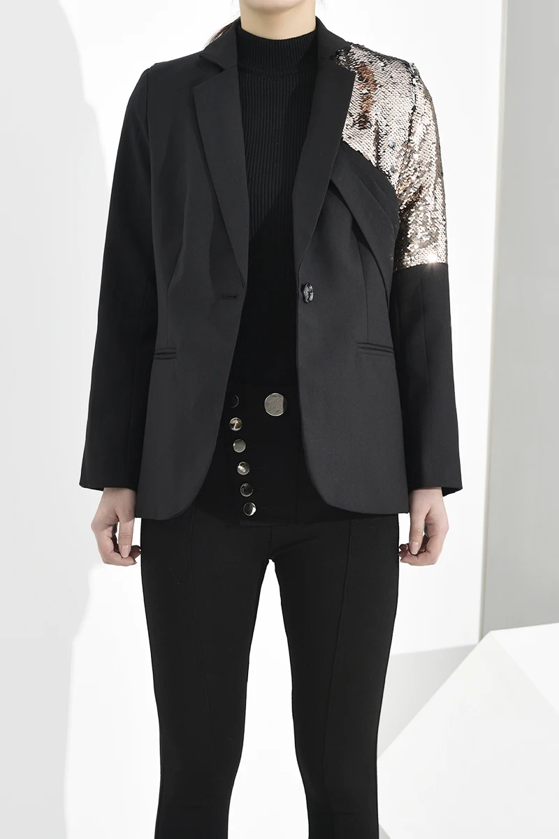 [EAM] женский черный блейзер с блестками, свободный пиджак с отворотом и длинным рукавом, модный весенний осенний 1K060
