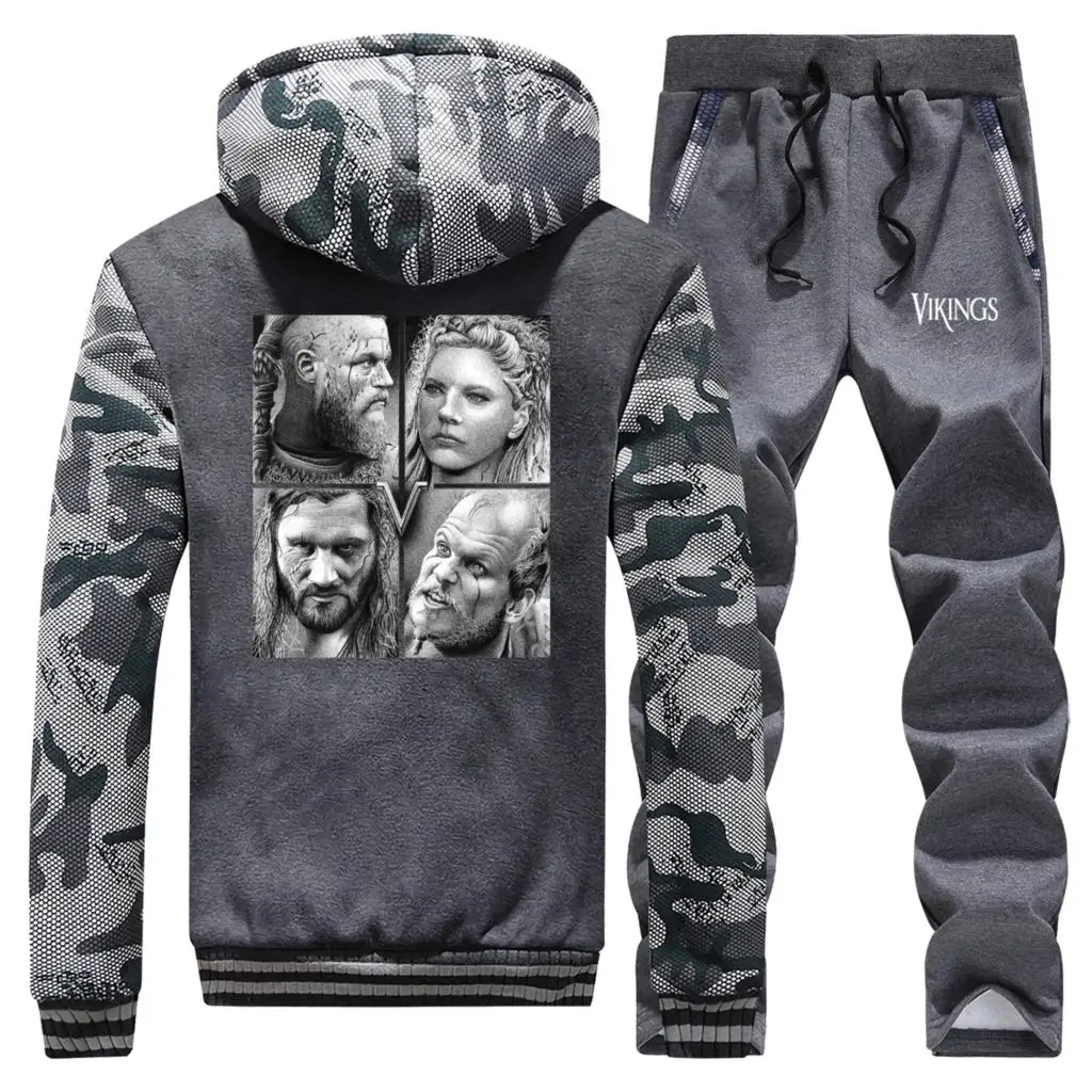 Seller TV Show Viking Men Thick Hoodies Winter Hoodie Sweatshirt Zip Jacket+Pants 2 Piece Sets Warm Suit Hip Hop Brand Men's Tracksuit