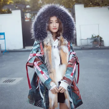 GĂŒnstige Parka Winter Jacke Frauen Reale NatĂŒrliche Kaninchen Liner Langen Mantel Weibliche Fuchs Kragen Warme Parkas Pelz Tops Hiver LW2036