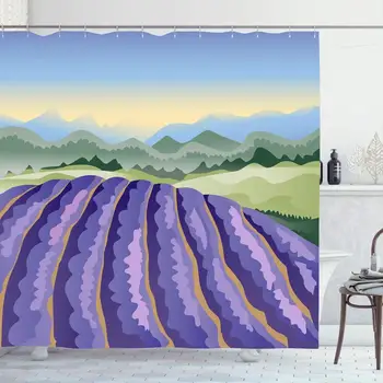 

Shower Curtain Set with Hooks 66x72 Inches Europe Country Blue Lavender Field Mountain France Drawing View Nature Parks Outdoor