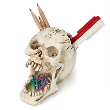 

Skull Head Ornament Skeleton Stationery Pen Holder Home Office Desktop Pencil Organizer Makeup Tools Storage Halloween Decor