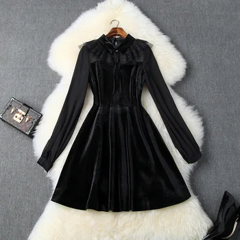 

Women autumn winter long sleeve black dress ruffles lace mesh inset a-line mini patchwork velvet dresses new 2019