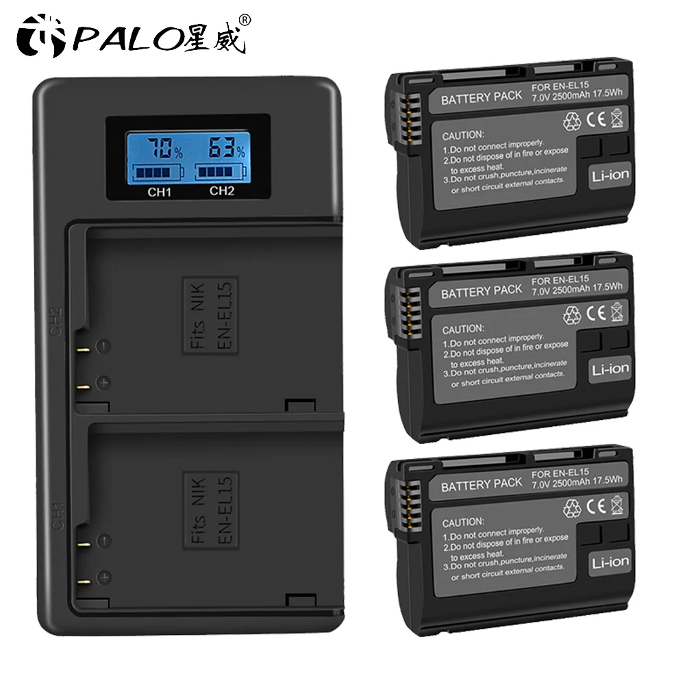 3battery and charger PALO 2500 мА/ч, 7,0 V EN-EL15 ENEL15 RU EL15 Камера Батарея для цифровых зеркальных фотокамер Nikon D600 D610 D800 D800E D810 D7000 D7100 D7200 L15 - Цвет: 3battery and charger