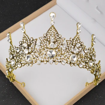 

Fashion Vintage Golden Bride Crown Baroque Wedding Crystal Hair Accessories Handmade Princess Rhinestone Headdress Decoration