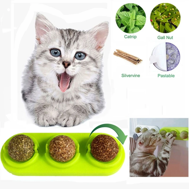 Green 3 шт./лот, игрушка для кошек, самоклеящаяся вращающаяся кошачья мячик Silvervine Lick Ball для кошек, настенное крепление, молярная игрушка для прорезывания зубов - Цвет: Green