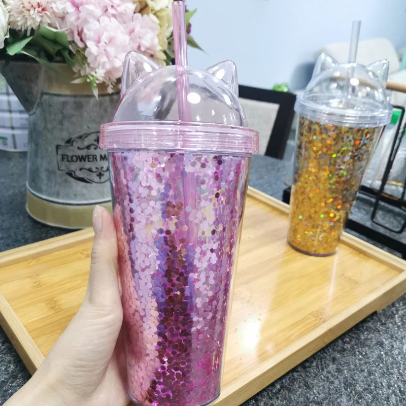 Drinking cup cute creative cat ear shape glitter star plastic straw water  bottle creative personality photo student girl gift - AliExpress