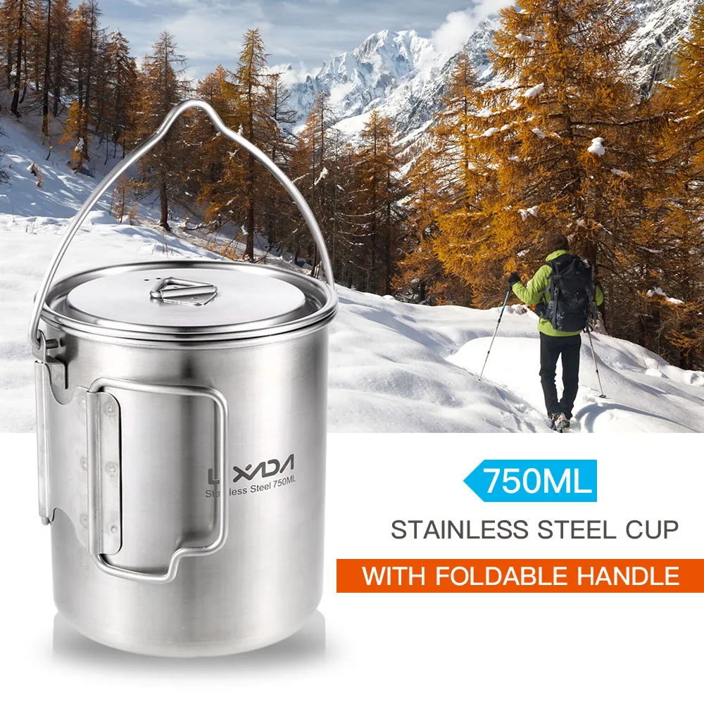 Outdoor Pot 750ml Stainless Steel Outdoor Camping Hang Pot Cup with Lid and Foldable Handle Outdoor Cooking Picnic portable tableware,camping cookware