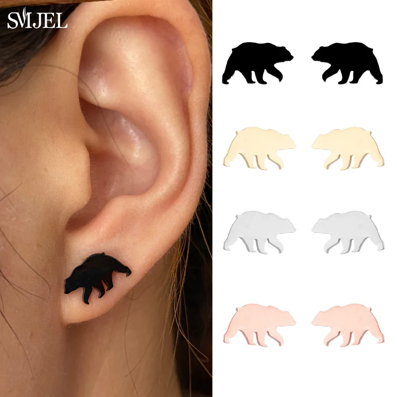 SMJEL New Korean Funny Bear Stud Earrings Cute Black Animal Small Stainless Steel Earring Fashion Jewelry 2024 Brincos Wholesale