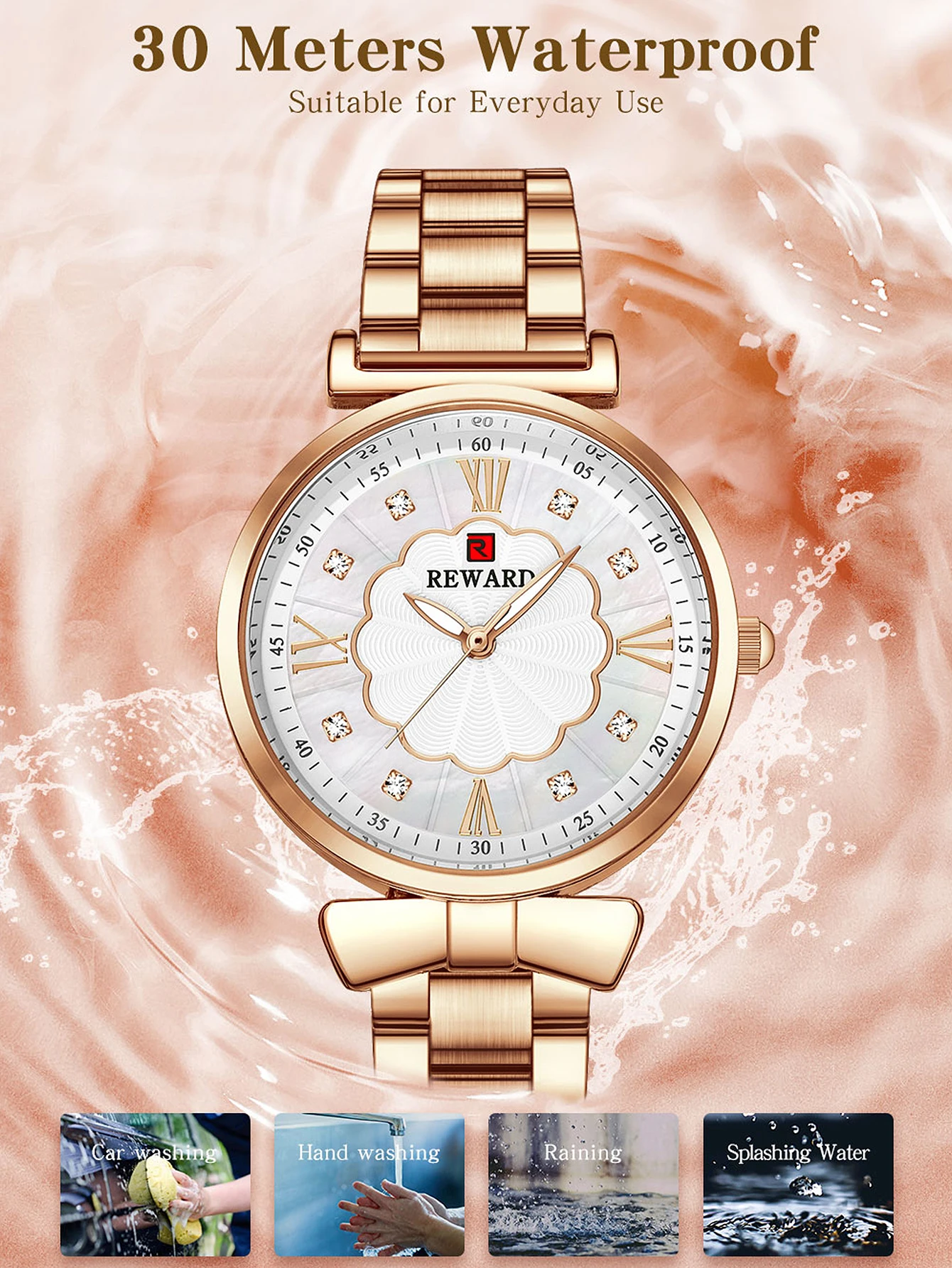 New REWARD Women Quartz Watches Fashion Lady Stainless Steel Wrist Watch Waterproof Luminous Superthin