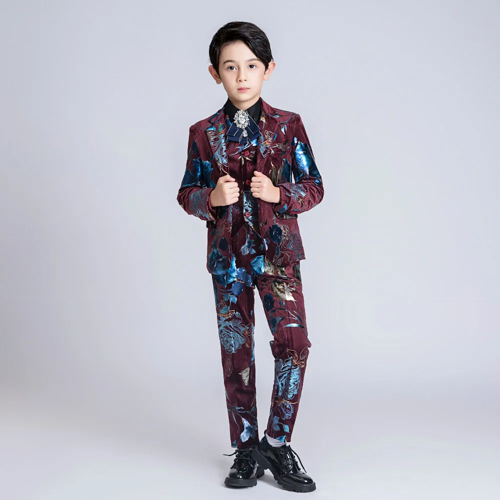 YuanLu New 5PCS Kids Suits For Boy Luxury Velvet Boys Suits Wedding Party Blazer Jacket Floral Costume Children Dress