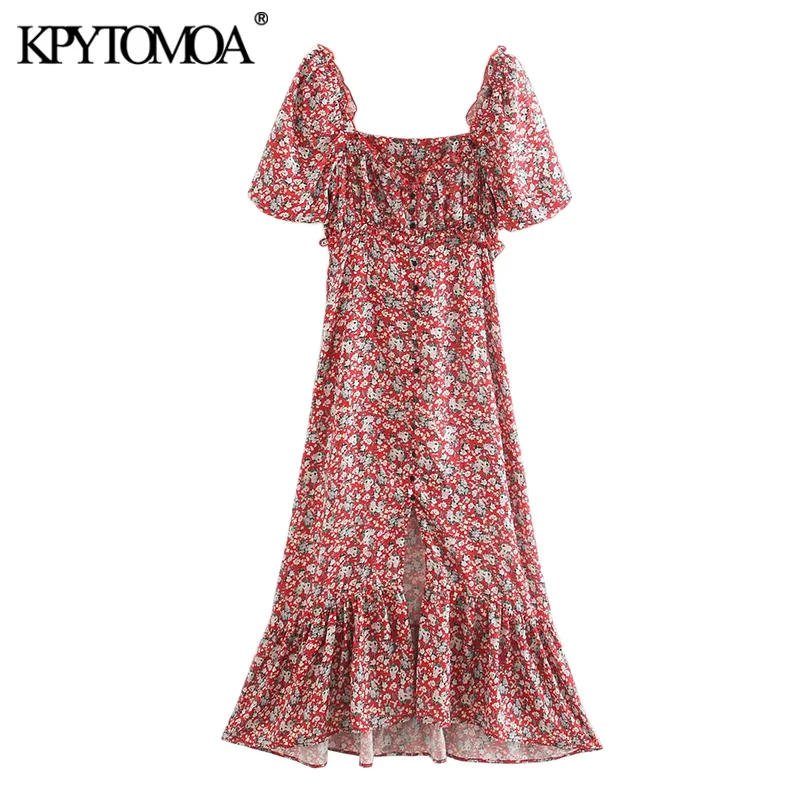 KPYTOMOA Women 2020 Chic Fashion Floral Print Ruffled Midi Dress Vintage Square Collar Short Sleeve Slit Female Dresses Mujer KPYTOMOA Women 2020 Chic Fashion Floral Print Ruffled Midi Dress Vintage Square Collar Short Sleeve Slit Female Dresses Mujer