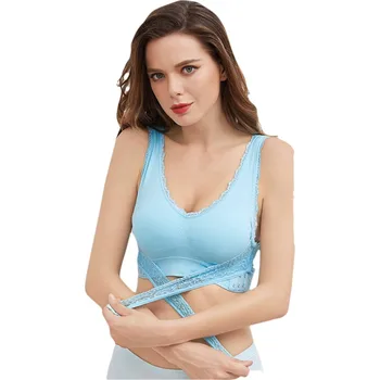 

Lace SportsBra Front Cross Side Button Gathered Solid Color No Steel Ring Running Fitness Shockproof Underwear For Women Sexy