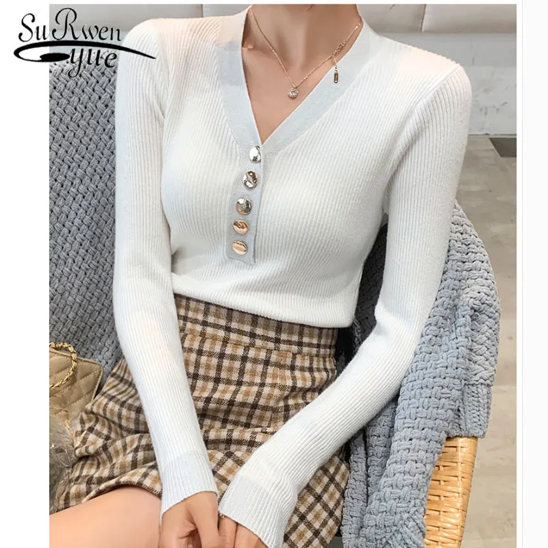 

New 2019 Autumn Fashion Women Sweaters Casual V-neck Soft Knitted Sweaters Long Sleeve Button Sweater Women 6162 50