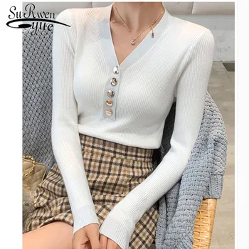 

New 2019 Autumn Fashion Women Sweaters Casual V-neck Soft Knitted Sweaters Long Sleeve Button Sweater Women 6162 50