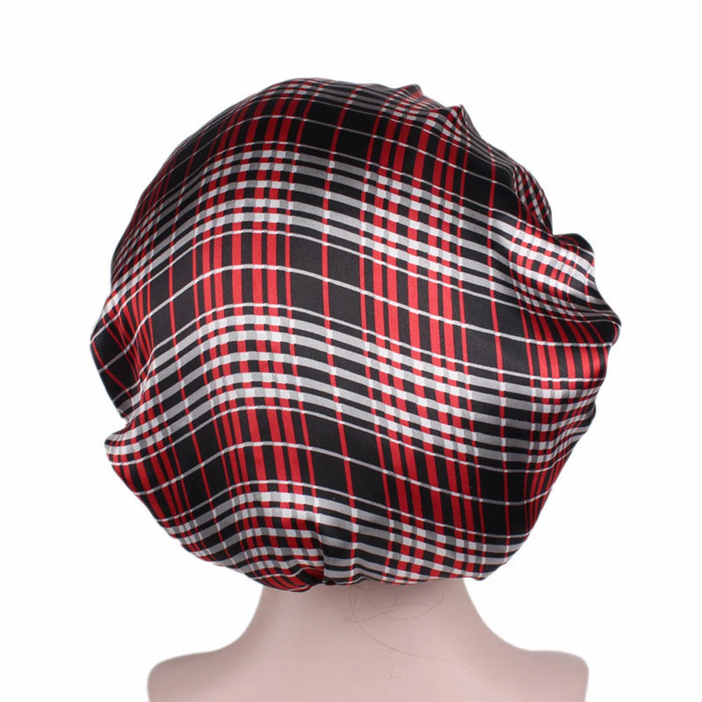 58 см Новая модная женская атласная ночная шапка для сна головной убор шапка для душа s шелковая Крышка для головы широкая эластичная лента - Цвет: plaid
