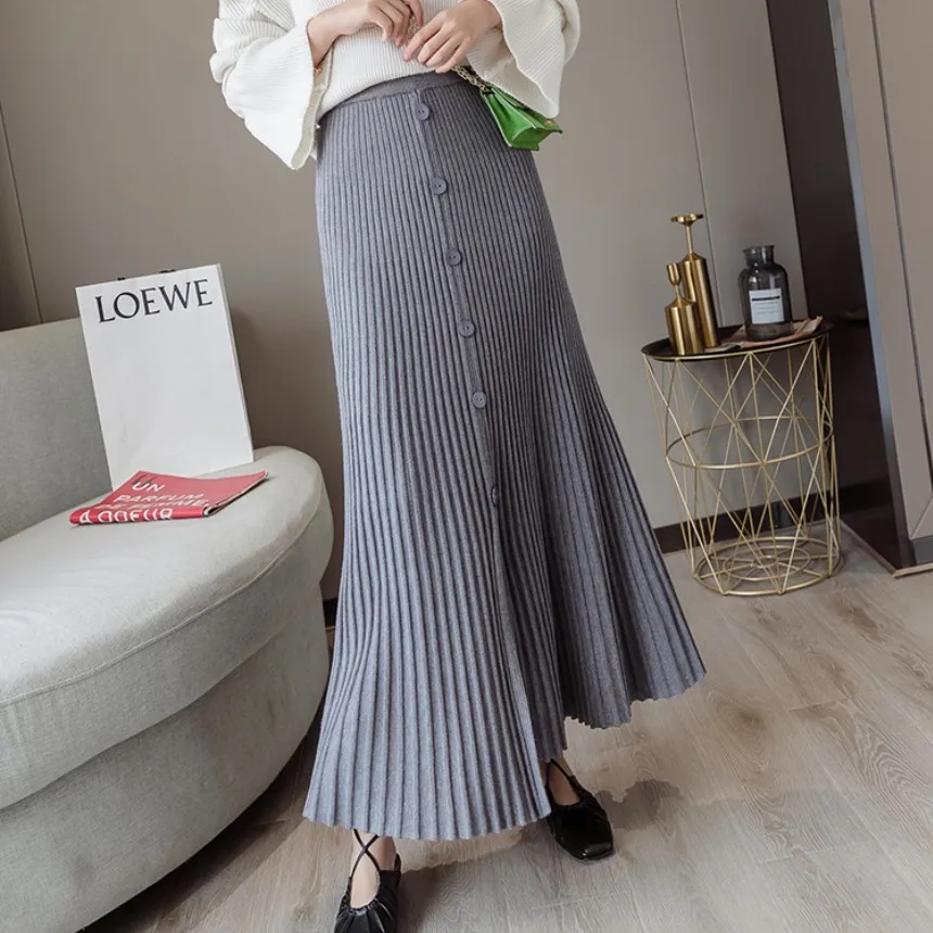 

Autumn Kintting Long Women Skirts 2019 Stretch Gray Single Button Slit Sexy Pleated Flada Mujer Elegant Korean Party&Club Rok