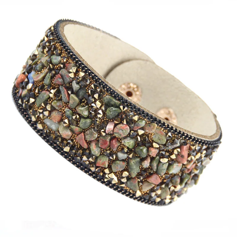 NewIrregularNaturalCrystalStoneEthnicWindBraceletGravelLeather