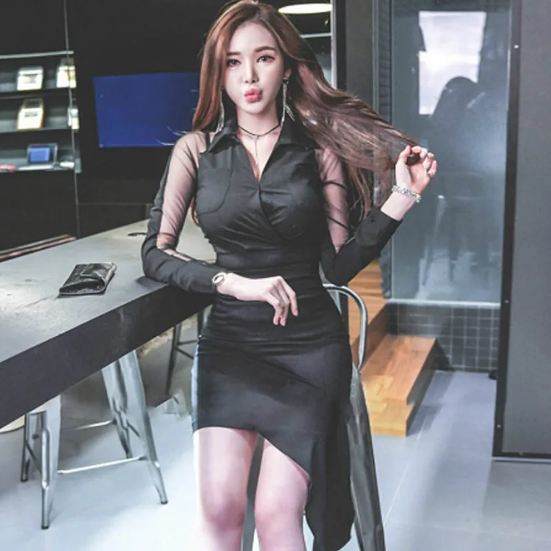 

Autumn Mesh Patchwork Long Sleeve Blouse Irregular Mini Bodycon Skirt Two Piece Black Suit Sexy Office Dress