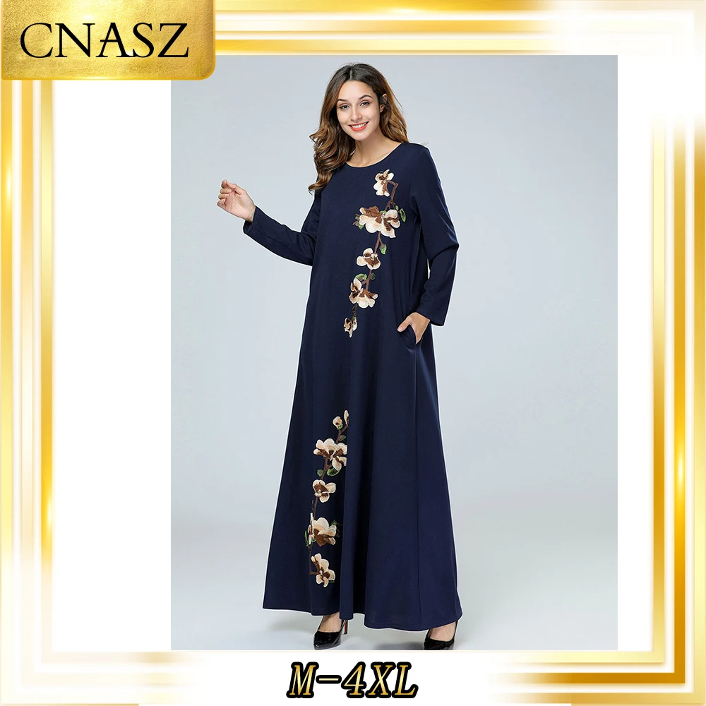 

2019 Abaya Turkish Moroccan Kaftan Embroidered Loose Large Size Women's Long Sleeve Abaya Femme Musulman Dress