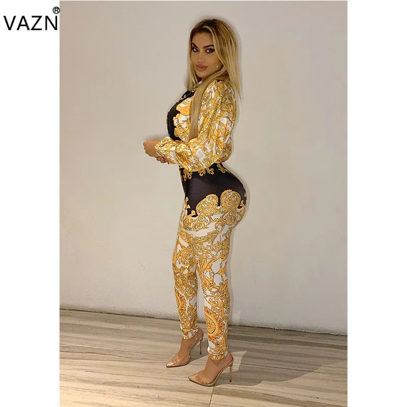 VAZN MYF9389 комплект High Street ретро свободный взрослый сексуальный модный длинный рукав группа длинные брюки карандаш тонкий женский комплект из 2 предметов
