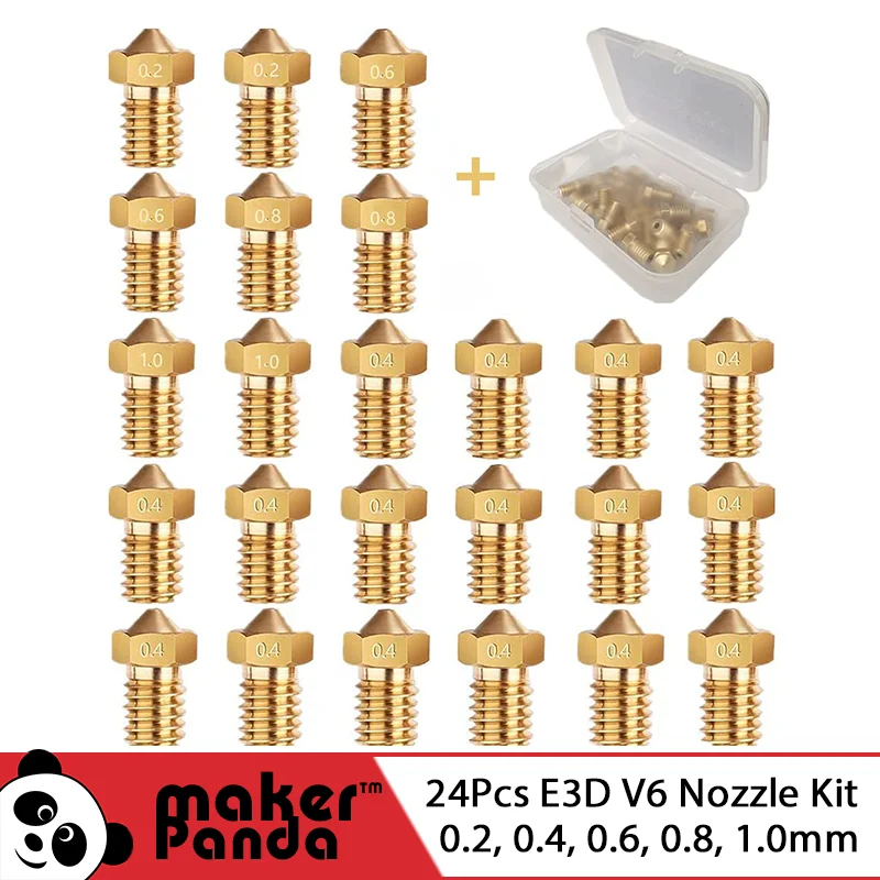 MakerPanda 24 шт. сопла для 3D-принтера для экструдера E3D, Резьба M6, латунная печатающая головка Hotend (0,2 мм, 0,4 мм, 0,6 мм, 0,8 мм, 1,0 мм)