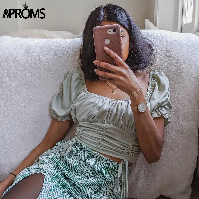 Aproms, винтажные Топы на бретельках с квадратным вырезом, плиссированные, женские летние топы на завязках, базовый топ, крутая уличная одежда для девочек, зеленые футболки
