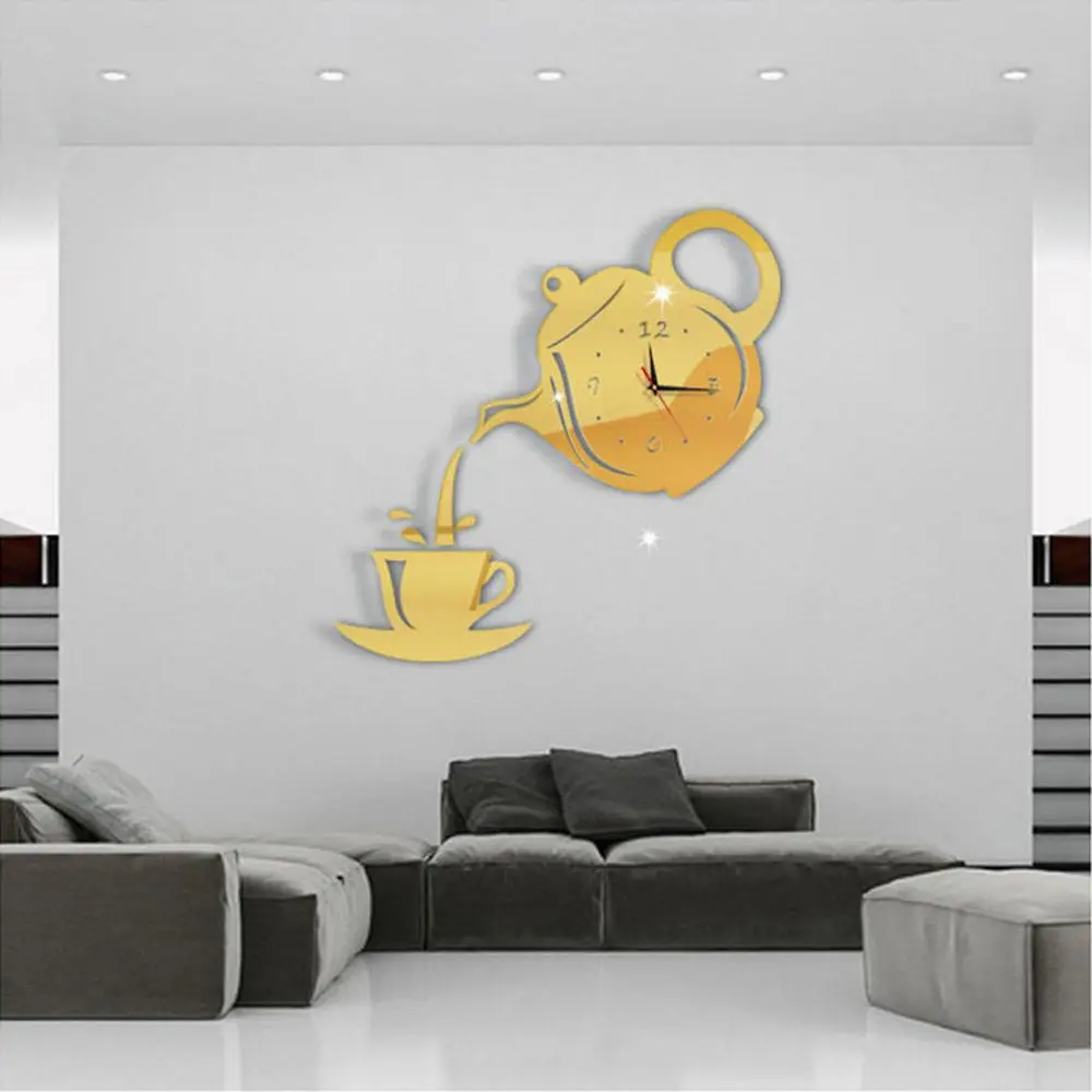 

1pc Acrylic Mirror Coffee Cup Teapot Wall Clock Watch Quartz Movement Dining Room Living Room 3D Stickers Wall Clocks Home Decor