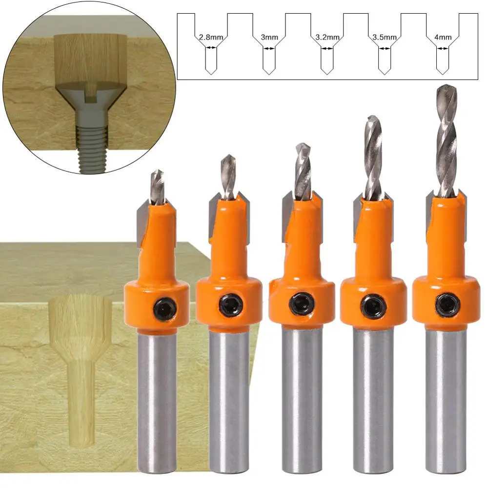 5Pcs Woodworking Countersunk Drill 8mm Shank Taper Hole Wood Self Tapping Screw Installation Step HT75 | Инструменты