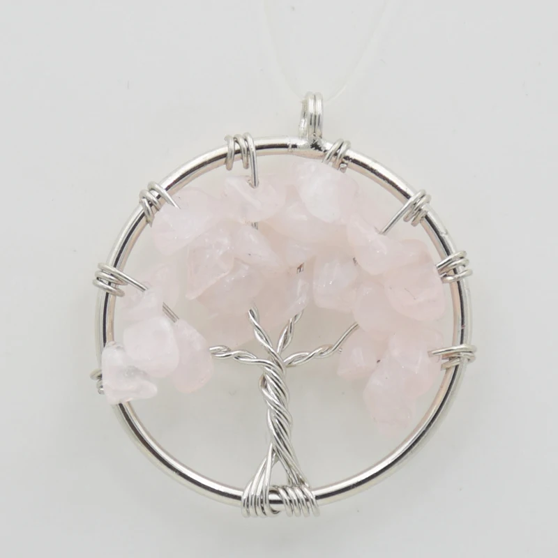 rose quartz Древо жизни ожерелье кулон серебряный цвет натуральный драгоценный камень обсидиановый Кристалл бусины 7 Чакра проволока обернутая Женская бижутерия - Окраска металла: rose quartz