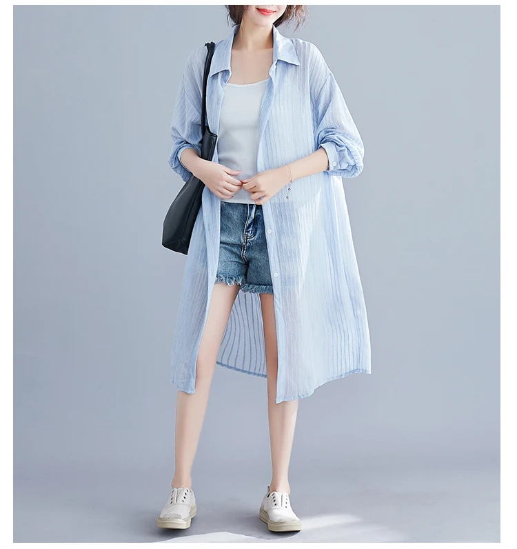 Korean Loose Long Women Sunscreen Trench Coat Summer Turn-down Collar Long Sleeve Striped Causal Women Coats New AE804