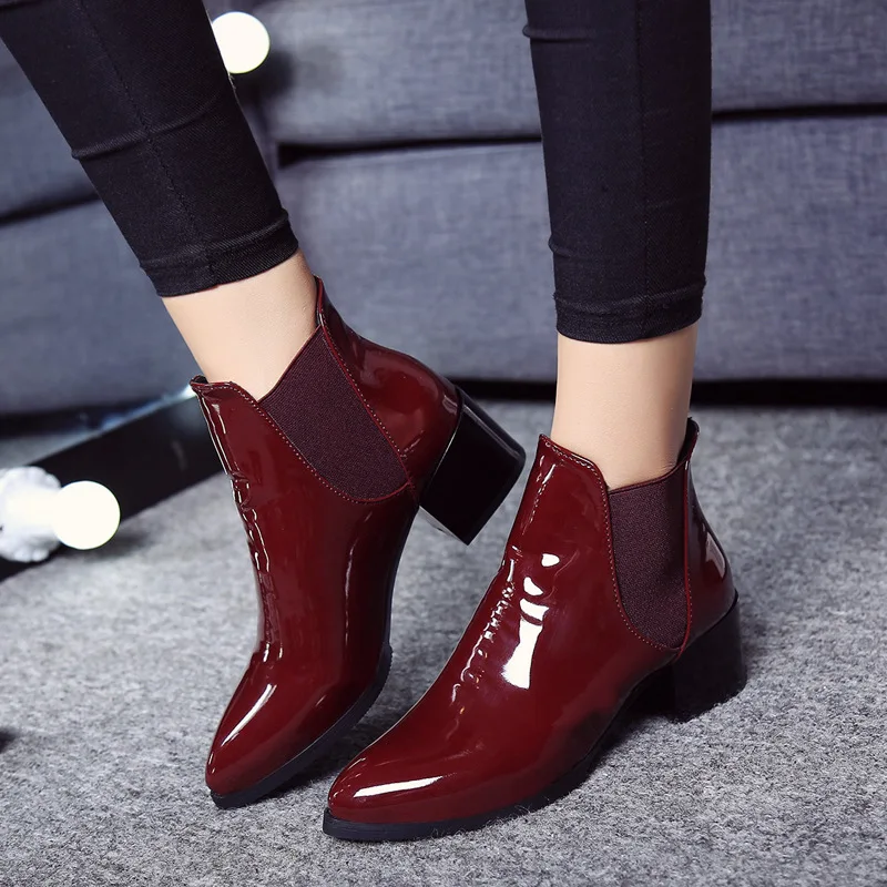 

Autumn And Winter New Style Europe And America Pointed-Toe Patent Leather Bright Surface Martin Boots Elastic Band Low-Top Chunk