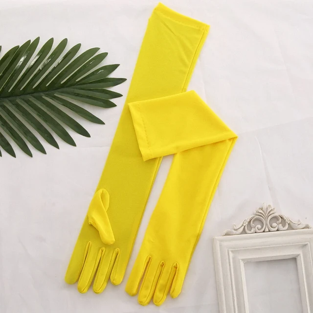Stretch Satin White Glove Long Bridal Gloves Black Red Elbow Length Women Dance Party Wedding Gloves Full Finger Guantes Boda Yellow