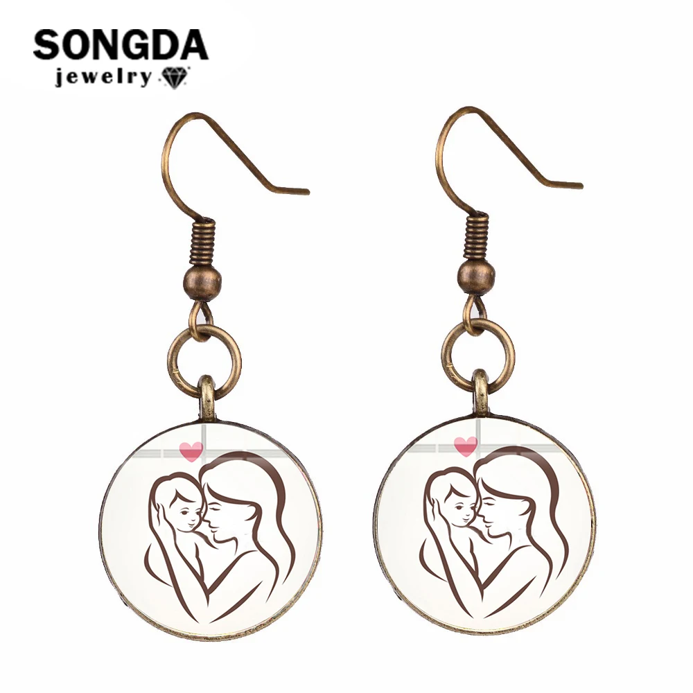 SONGDA Mom Love Baby Statement Earrings Family Cartoon Figures Art Painting Glass Dome Drop Pendients Mother's Day Gift | Украшения и