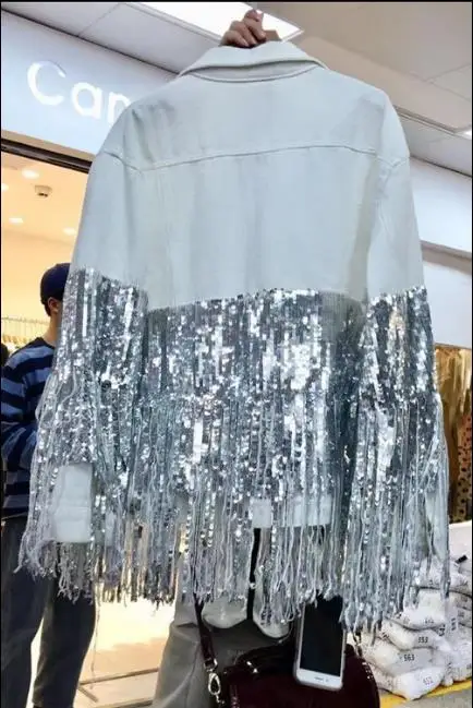 

Fashion Denim Coat Womans Spring Autumn New Single Buckle Sequines Tassel Black White Jeans Jacket Women's Basic Denim Jackets
