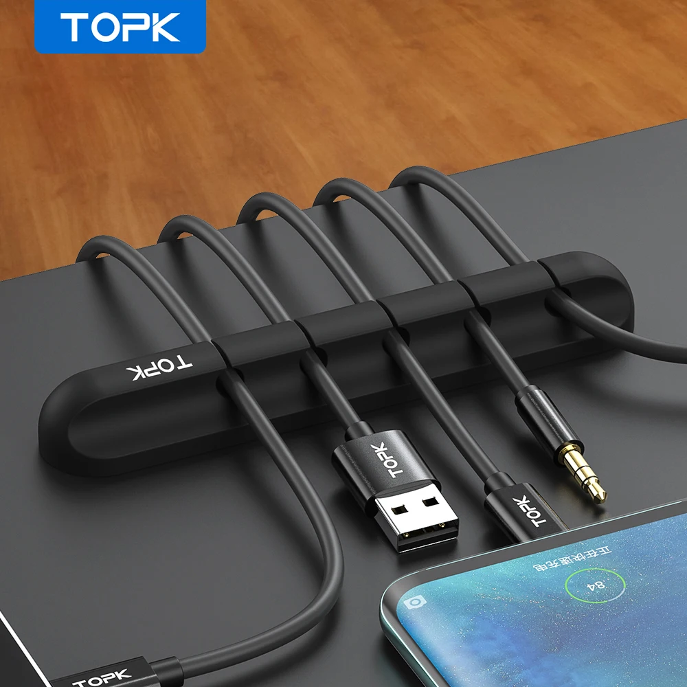 TOPK Silicone USB Cable Winder Desktop Cable organizer Management Multipurpose Clips Cables Protector for Wired headphones afbeelding