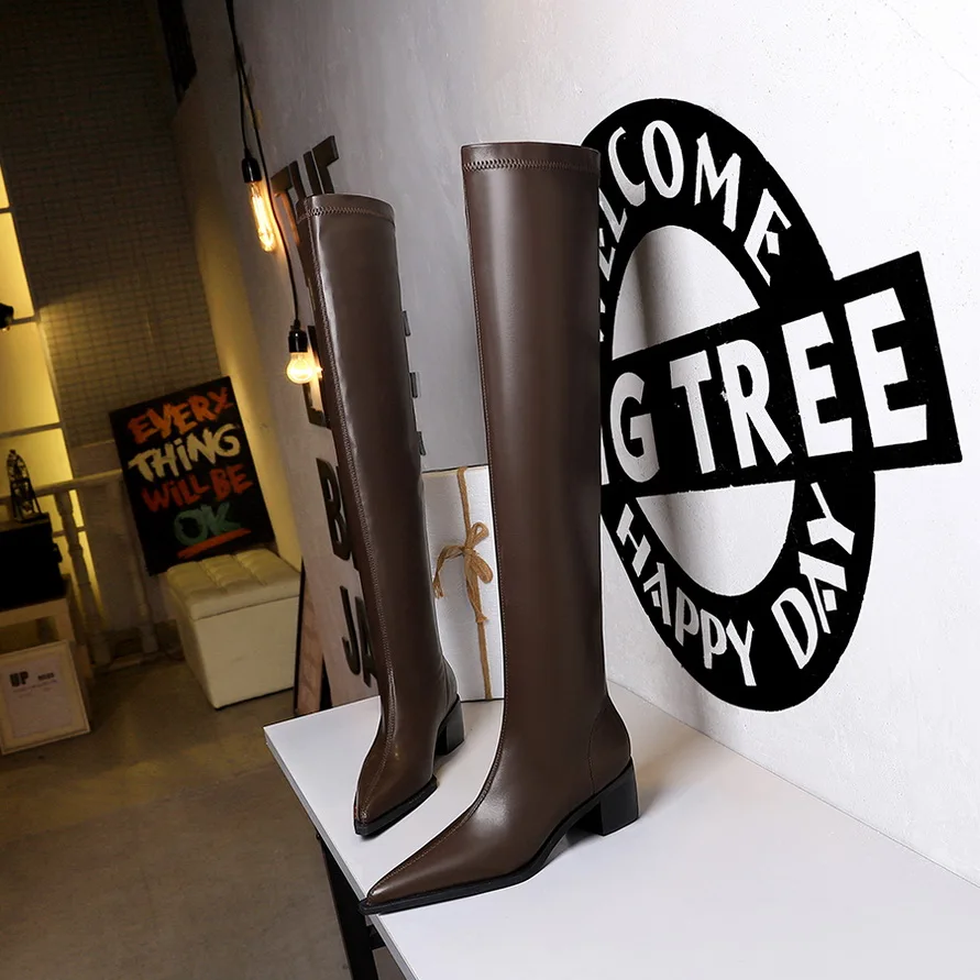 BIGTREE Women Winter High Quality PU Leather Pointed Toe Over Knee Boots Fashion Square Low Heels Booties Woman Shoes