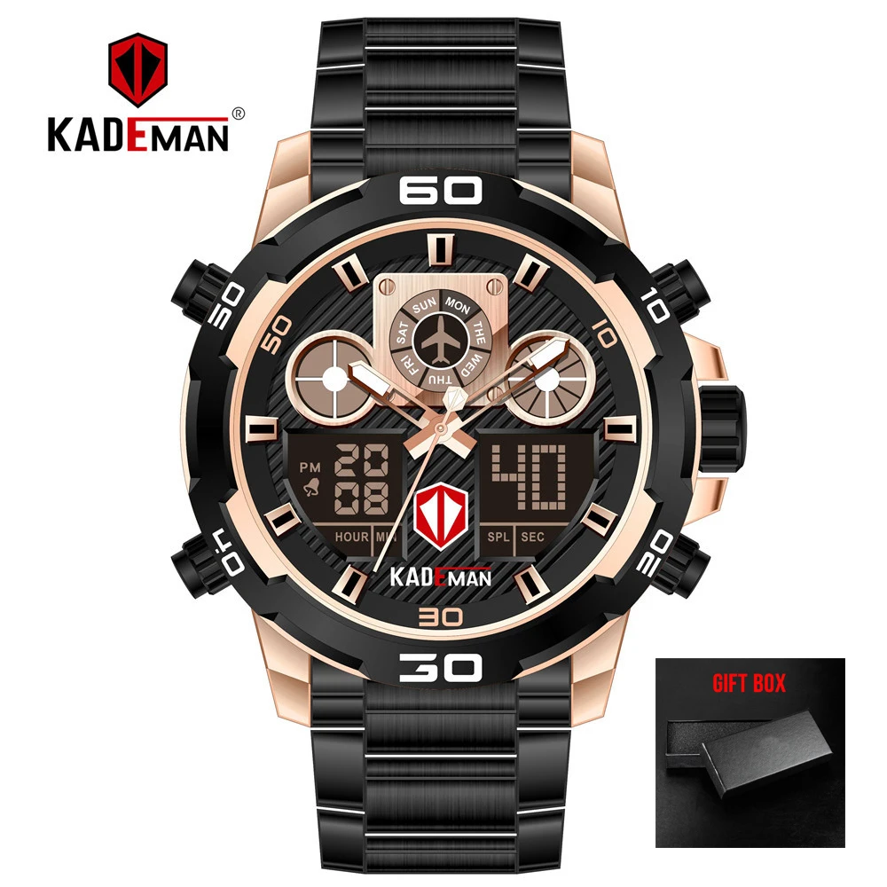 rose gold black KADEMAN мужские часы из полной стали спортивные цифровые часы водонепроницаемые Топ люксовый бренд светодиодный Мужские кварцевые наручные часы Relogio Masculino - Цвет: rose gold black