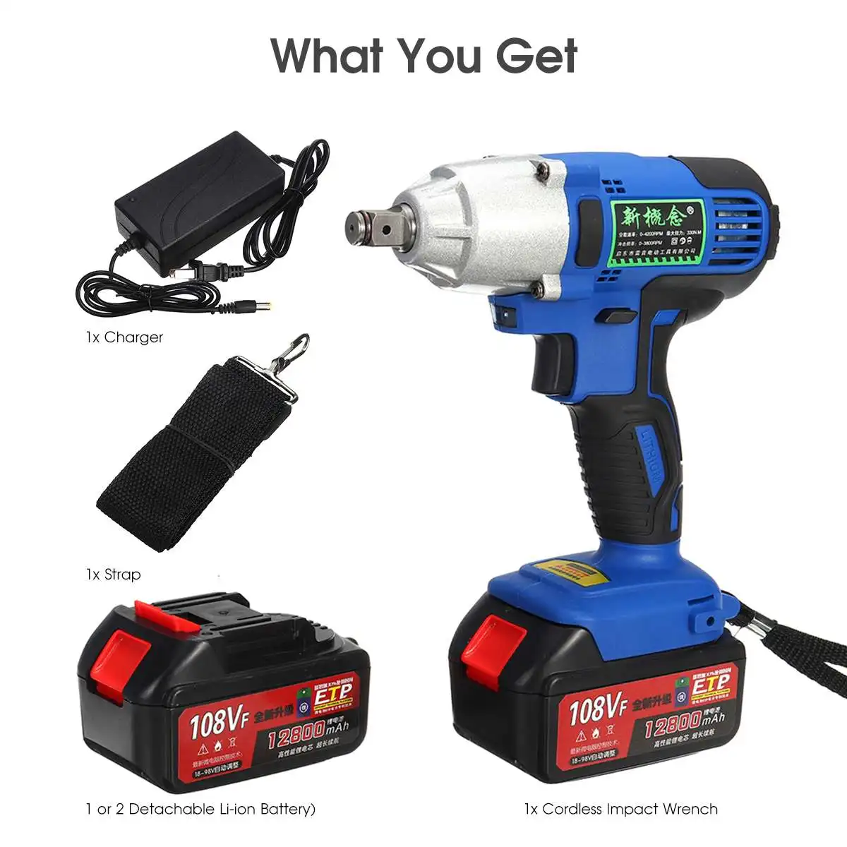 

108Vf 12800mAh 320NM Brushless Electric Wrench Power Tools Cordless Impact Wrench Rechargeable Lithium Battery Household Drill